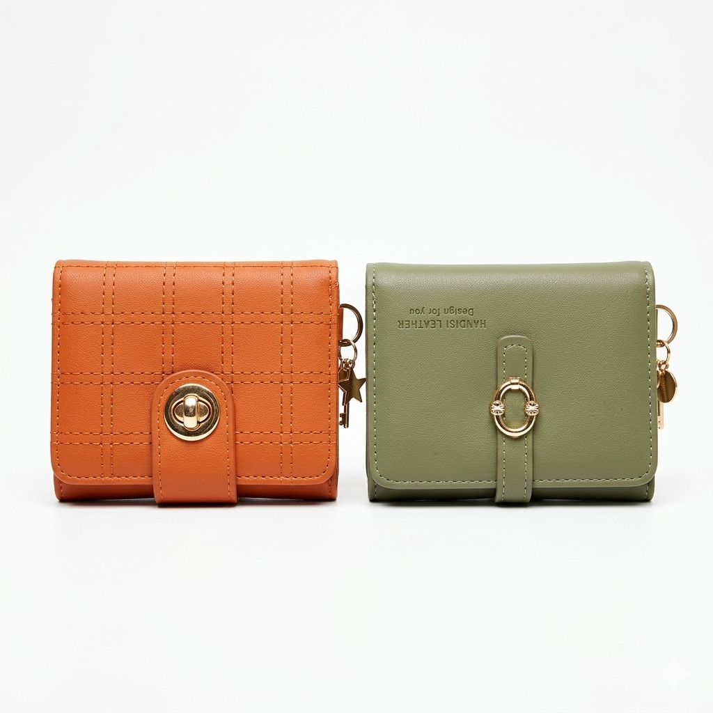 Stylish Compact Check Pattern PU Leather Wallet With Metal Button Closure ~ Camel Brown