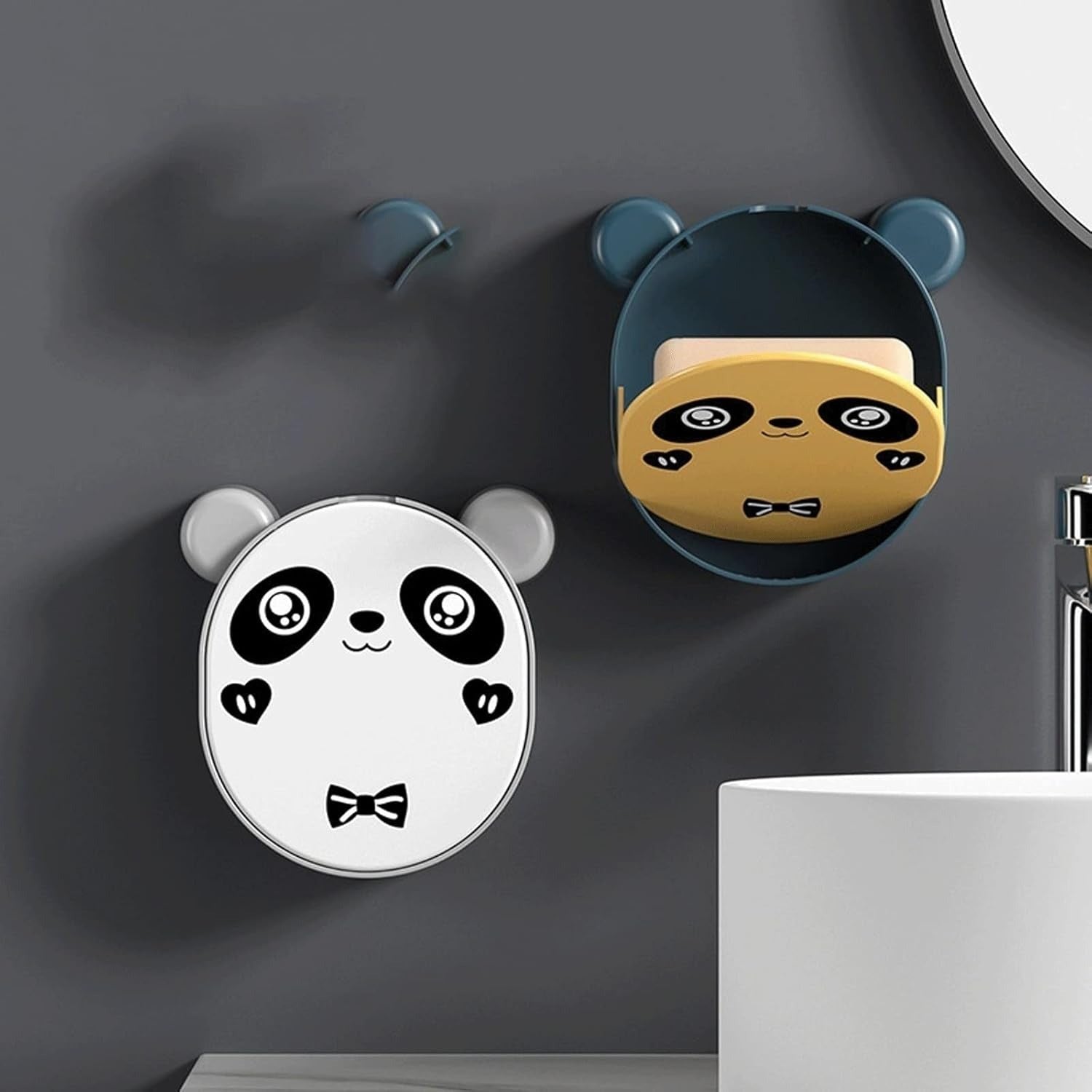 Wall Mounted Cute Panda Soap Dish Holder – Punch-Free Plastic Soap Box Rack for Bathroom & Kitchen Storage